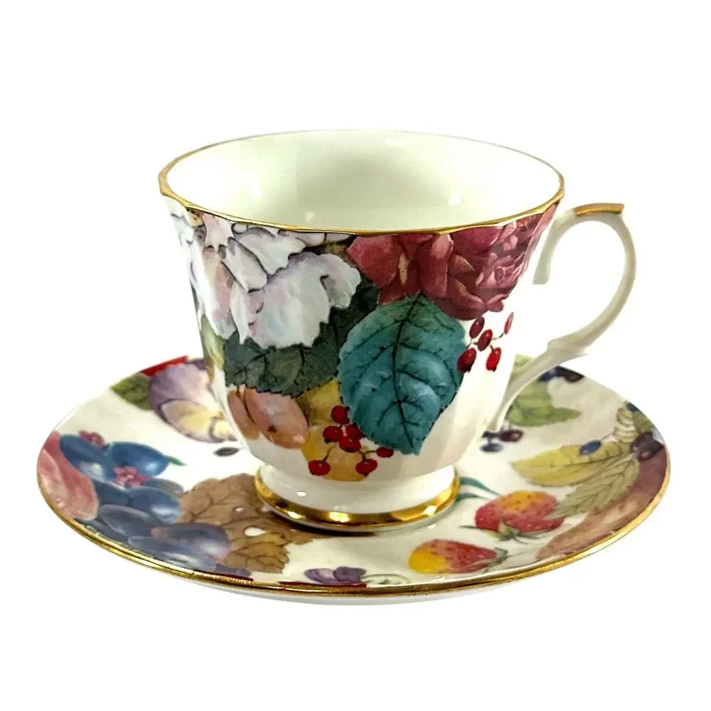 Duchess Fine Bone China England Teacup Saucer Set Fruit Floral Gold Trim